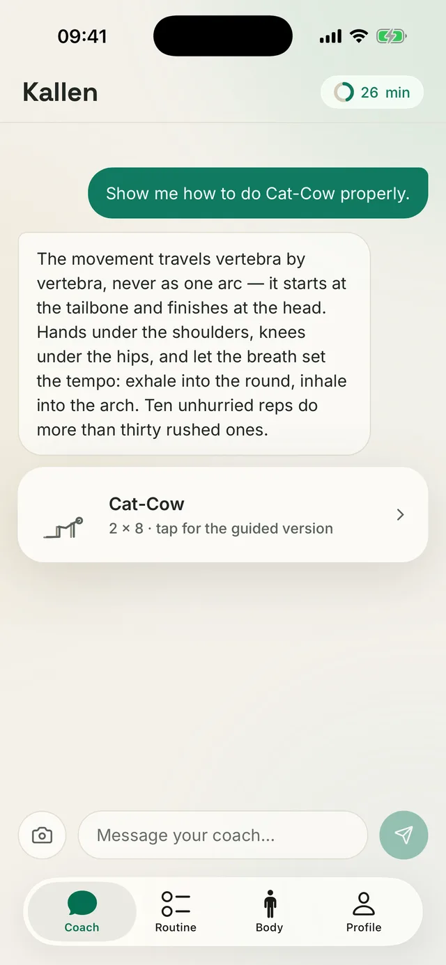 Kallen app screen: the AI coach explaining Cat-Cow technique and attaching an exercise card dosed at 2 × 8
