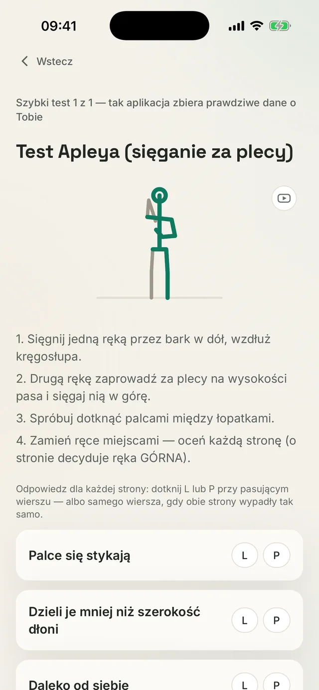 Ekran Kallen: test Apleya z opcjami odpowiedzi osobno dla lewej i prawej strony