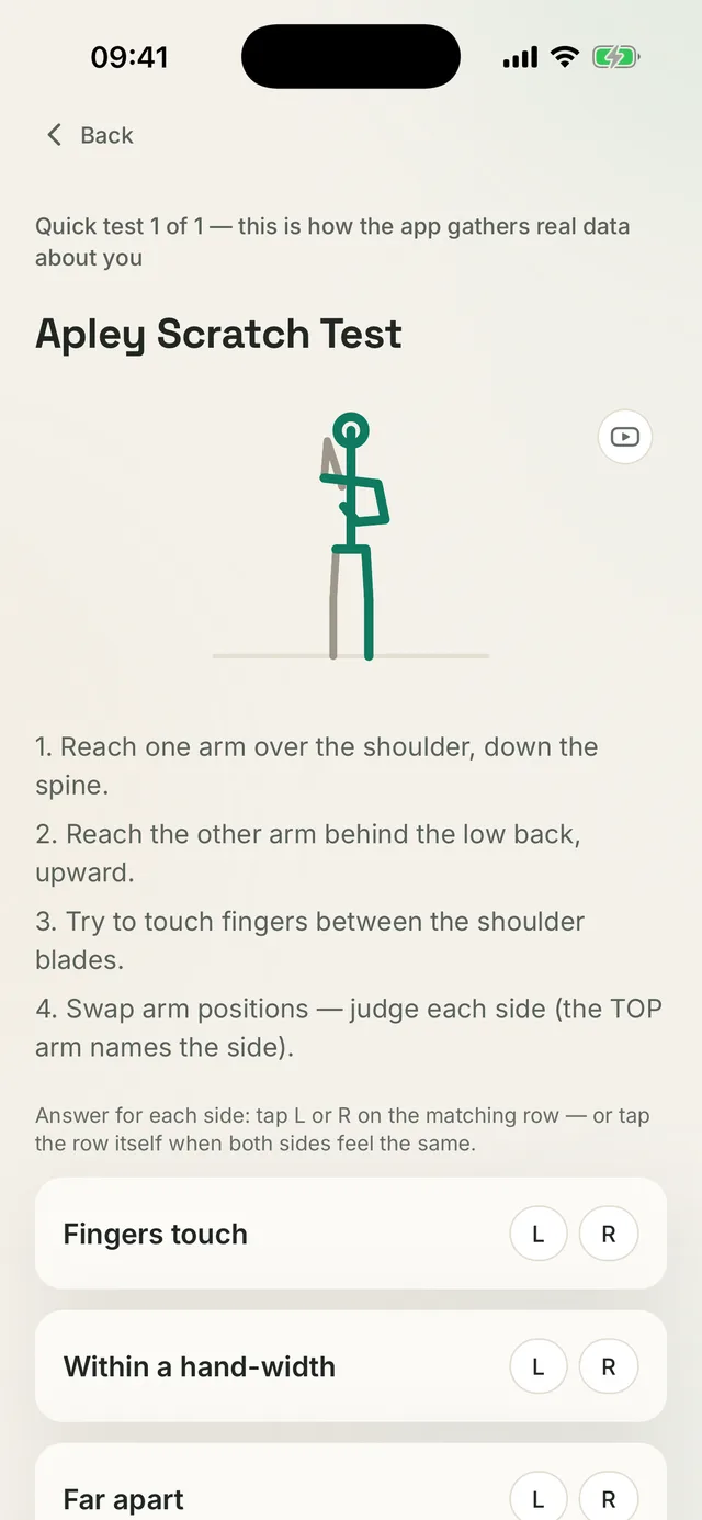 Kallen app screen: the Apley scratch test with answer options recorded separately for each side