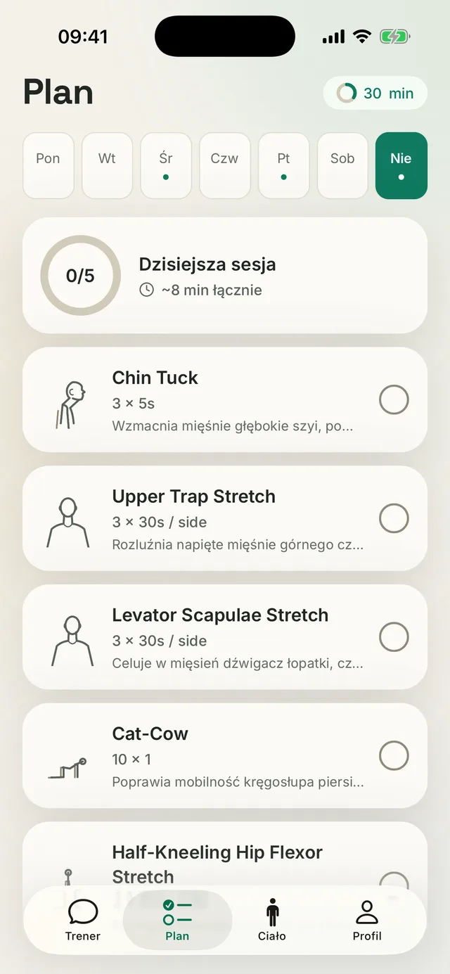 Ekran planu Kallen: wybrane dni treningowe, dzisiejsza sesja na około 8 minut oraz dawki ćwiczeń Chin Tuck 3 × 5 s i Upper Trap Stretch 3 × 30 s na stronę