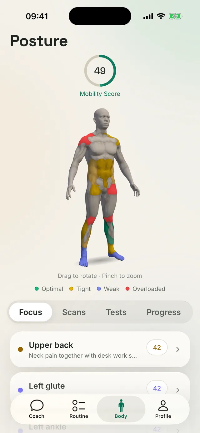 Kallen app screen: a 3D body model marking tight and overloaded regions, with a list of priorities