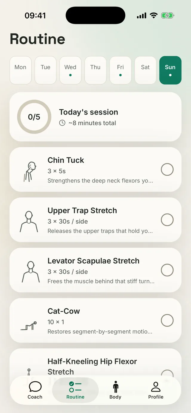 Kallen app screen: the daily routine with sets, reps and progress