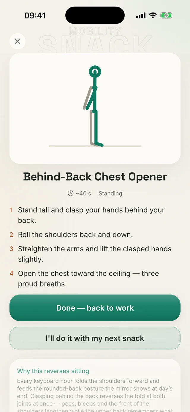 Kallen app screen: a short mobility break to do away from the desk