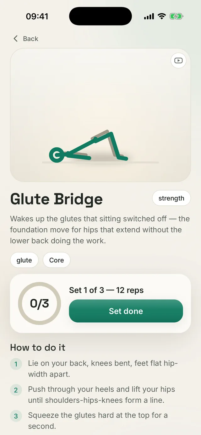 Kallen app screen: an exercise guide with steps, form cues and dosage