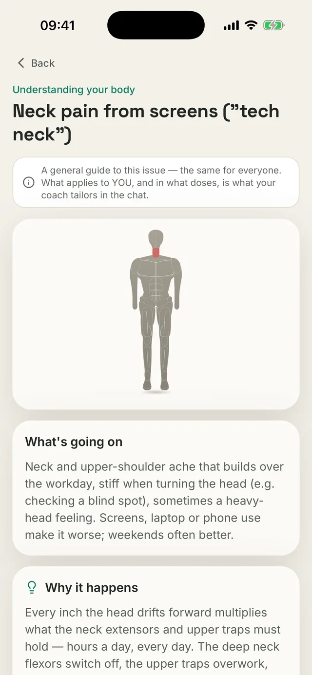 Kallen app screen: a care protocol with phases, exercises and the criterion for moving on