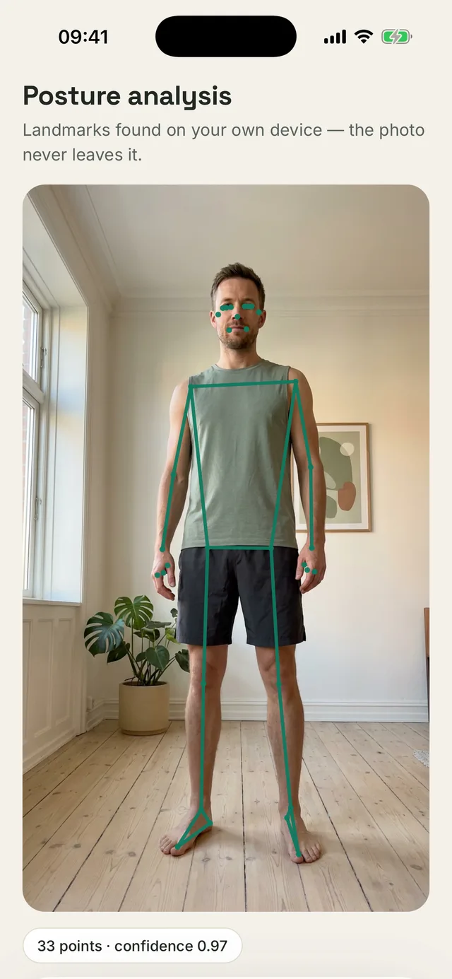 Kallen app screen: a front-on photo with 33 pose landmarks drawn over it