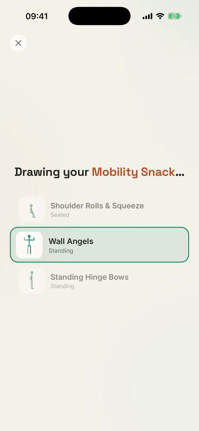 Kallen app screen: a short mobilization being drawn from three options matched to your profile