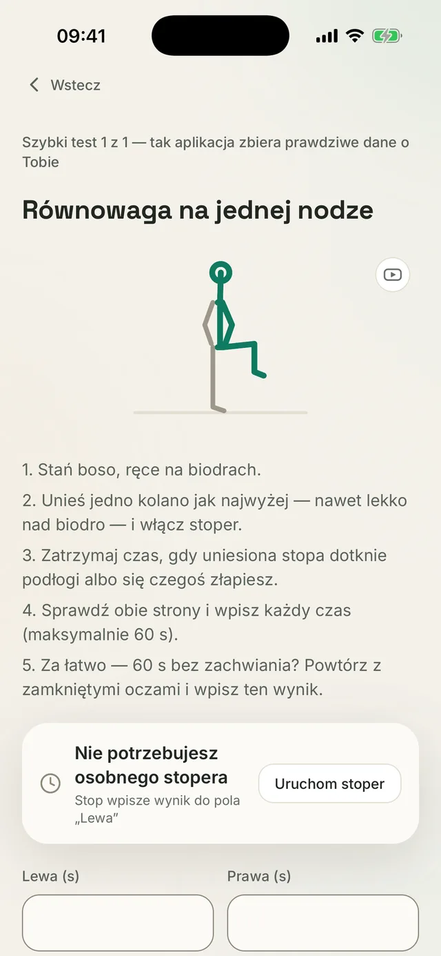 Ekran Kallen: test równowagi na jednej nodze z krokami, stoperem i osobnymi polami na wynik lewej i prawej strony