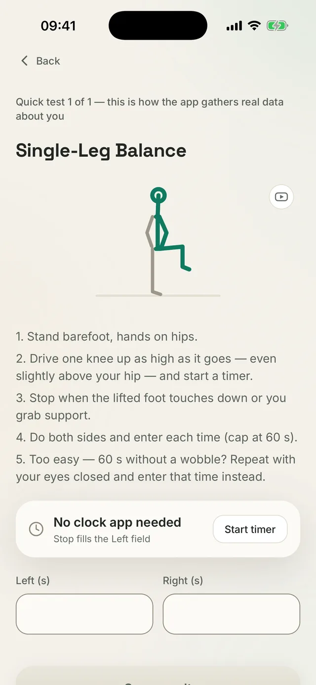 Kallen app screen: the single-leg balance test with steps, a built-in timer and separate fields for the left and right side