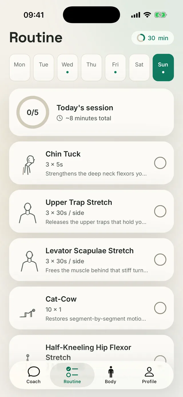 Kallen plan screen: the chosen training days, today’s session of about 8 minutes and exercise doses of Chin Tuck 3 × 5 s and Upper Trap Stretch 3 × 30 s per side