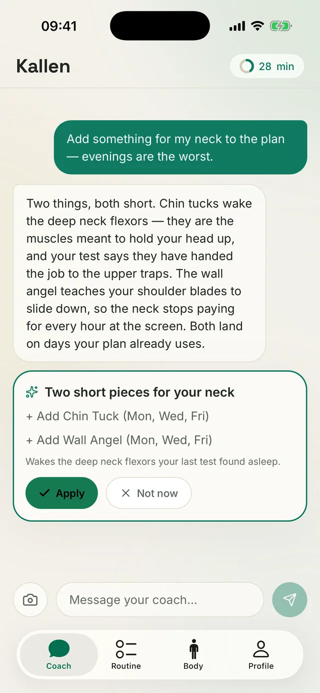 Kallen coach chat: a card proposing two short exercises for the neck, with Apply and Not now buttons